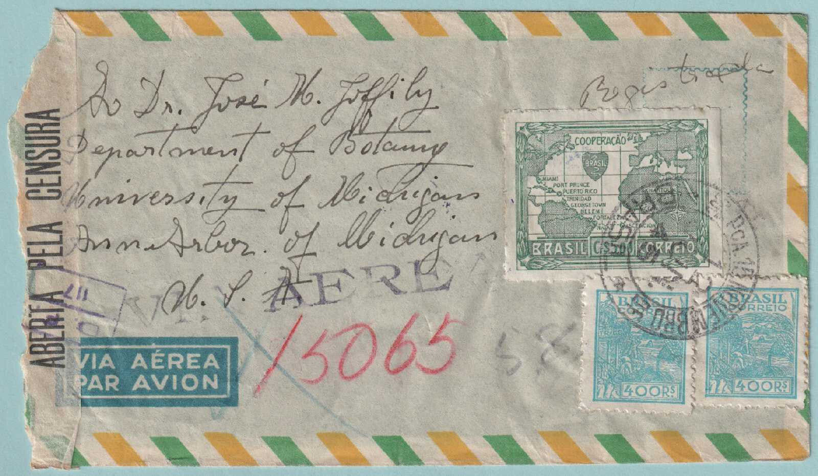 BRAZIL  1945 CENSORED AIRMAIL COVER FROM RIO TO ANN ARBOR MICH - CV726