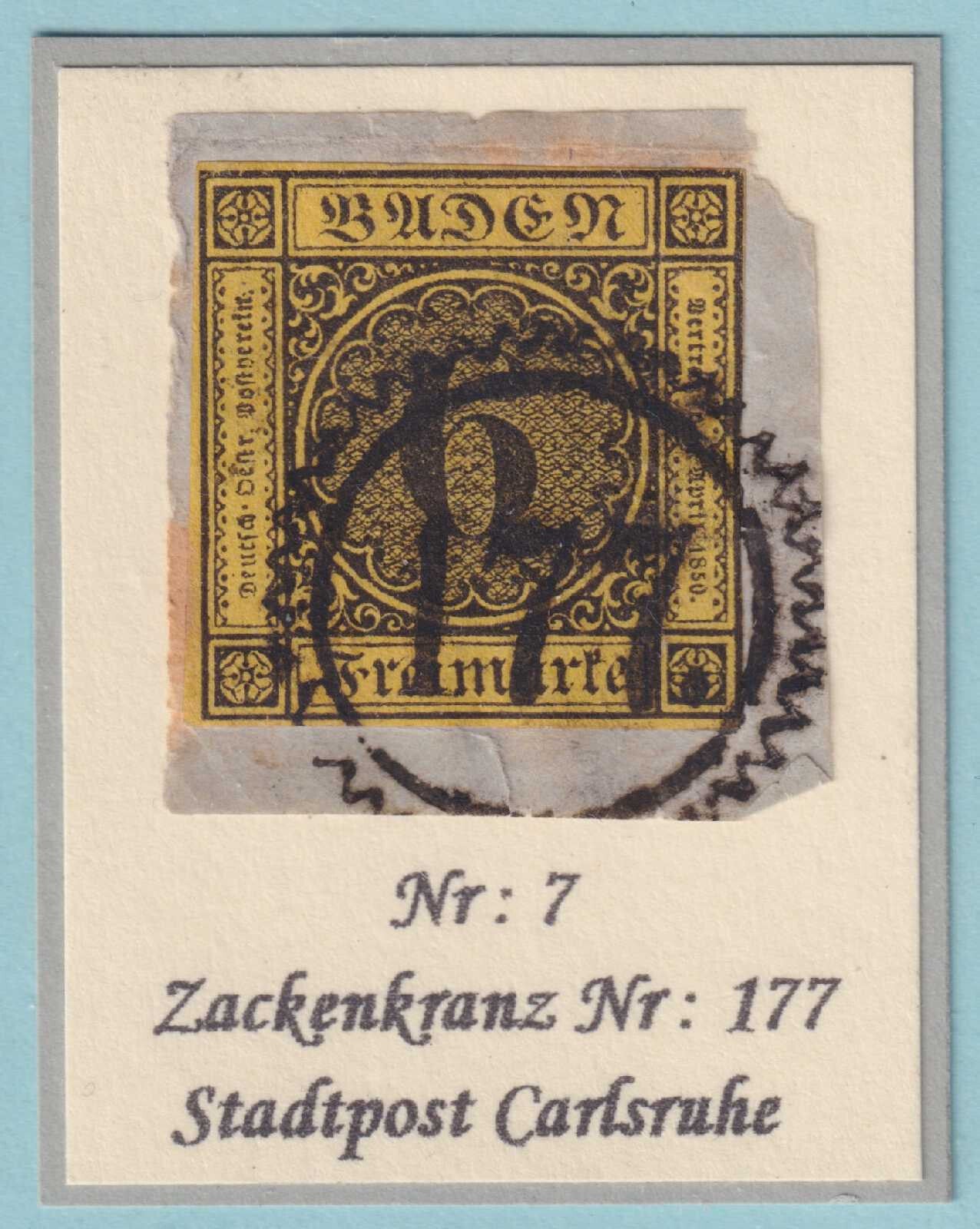 BADEN 9  USED ON PIECE - KARLSRUHE STADPOST #177 CANCEL - VERY FINE! - SPI