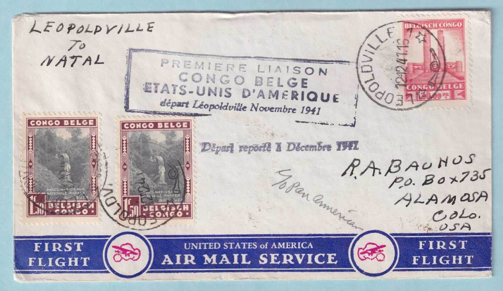 BELGIAN CONGO 1941 FIRST FLIGHT COVER FROM LEOPOLDVILLE TO NATAL BRAZIL - CV313