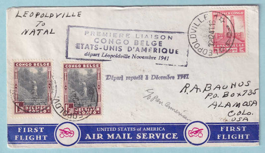 BELGIAN CONGO 1941 FIRST FLIGHT COVER FROM LEOPOLDVILLE TO NATAL BRAZIL - CV313