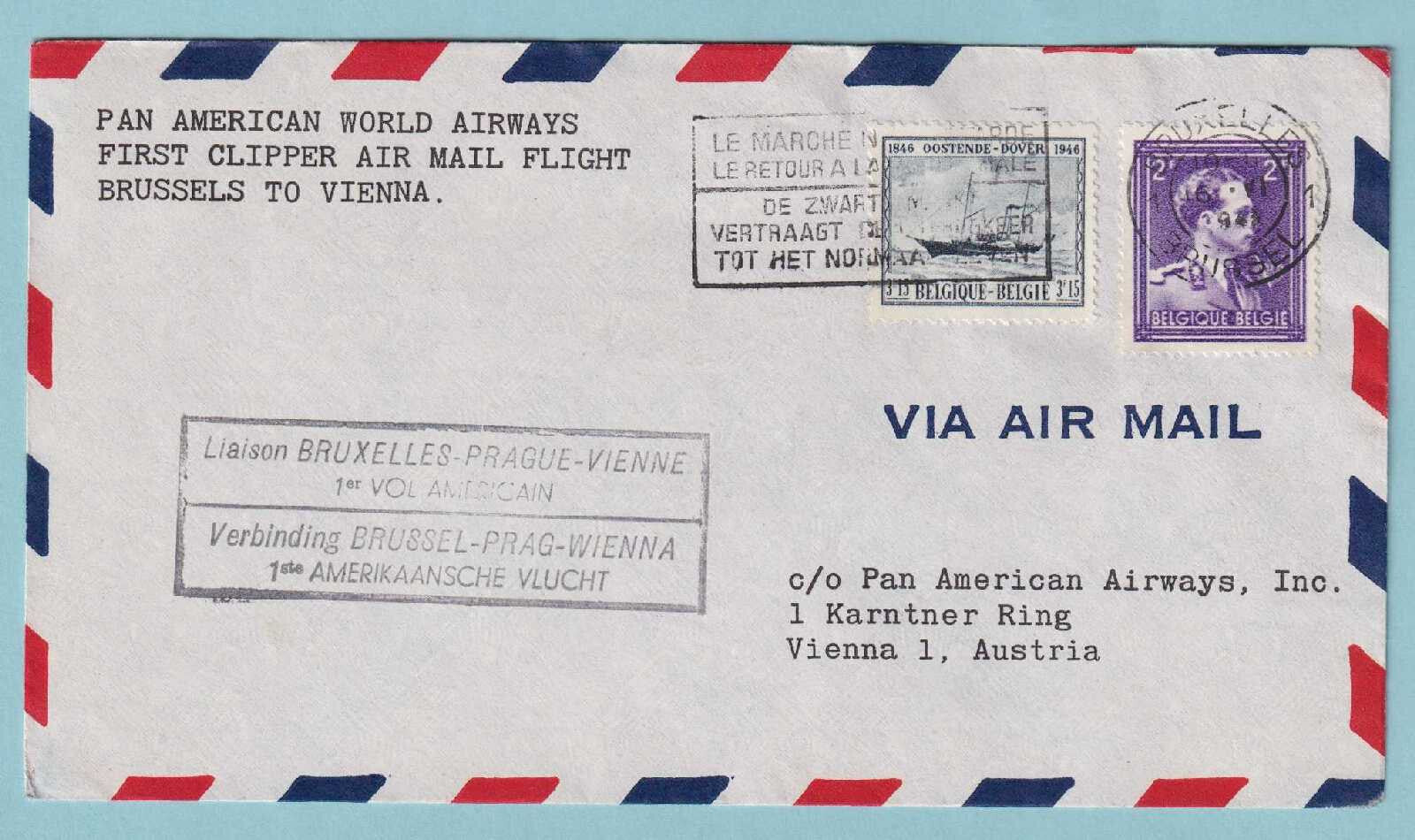 BELGIUM 1946 FIRST FLIGHT COVER FROM BRUSSELS TO VIENNA AUSTRIA - CV371