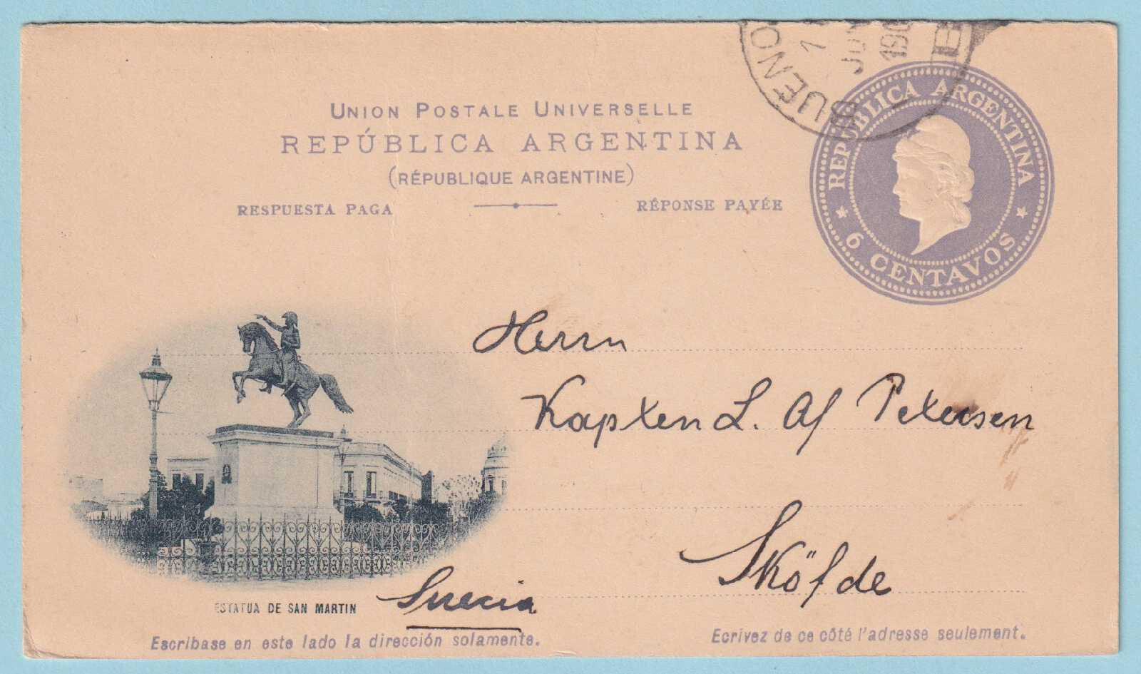 ARGENTINA POSTAL STATIONARY POSTCARD USED - MAILED 1905 TO SHÖFDE SWEDEN - CR414