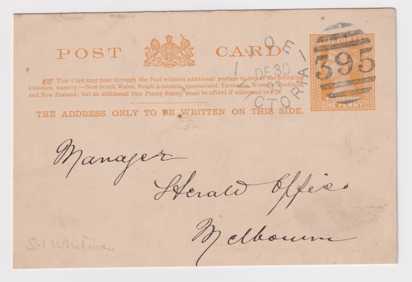AUSTRALIA VICTORIA MOE 395 COVER TO MELBOURNE 1893 B233