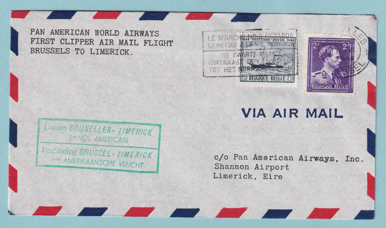 BELGIUM 1946 FIRST FLIGHT COVER BRUSSELS TO LIMERICK IRELAND - CV367