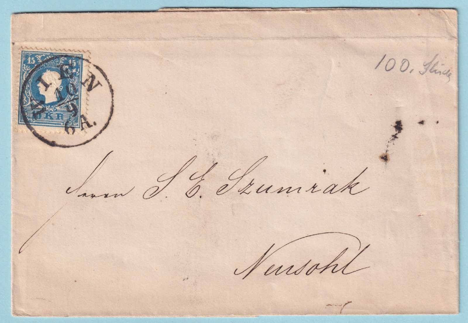 AUSTRIA COVER - 1850 FOLDED LETTER MAILED IN VIENNA TO NEUSOHL AUSTRIA - B333