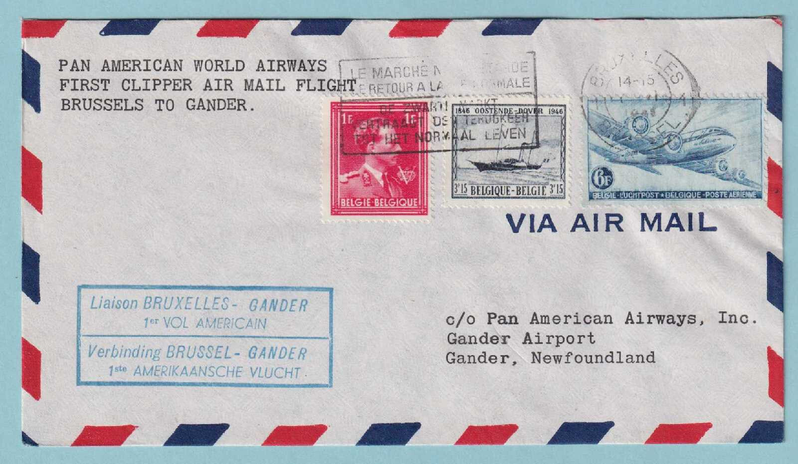 BELGIUM 1946 FIRST FLIGHT COVER BRUSSELS TO GANDER NEWFOUNDLAND - CV365