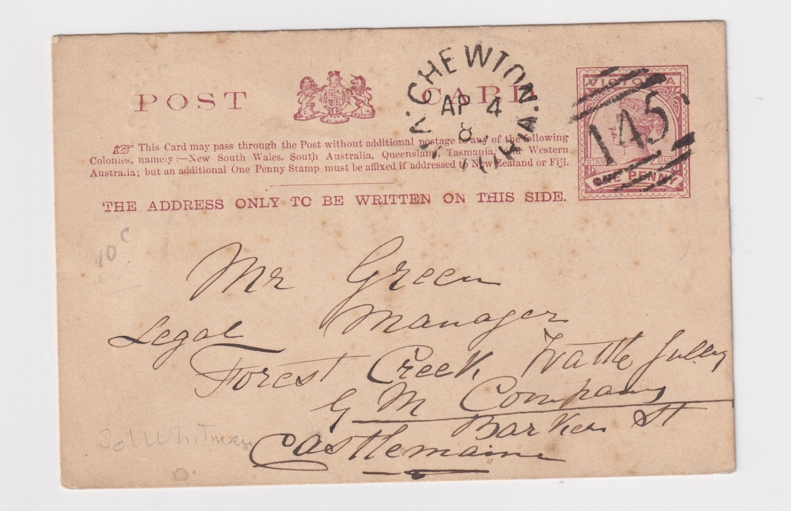AUSTRALIA VICTORIA CHEWTON  145 CANCEL POSTMARK RATED (RR) BY FREEMAN!