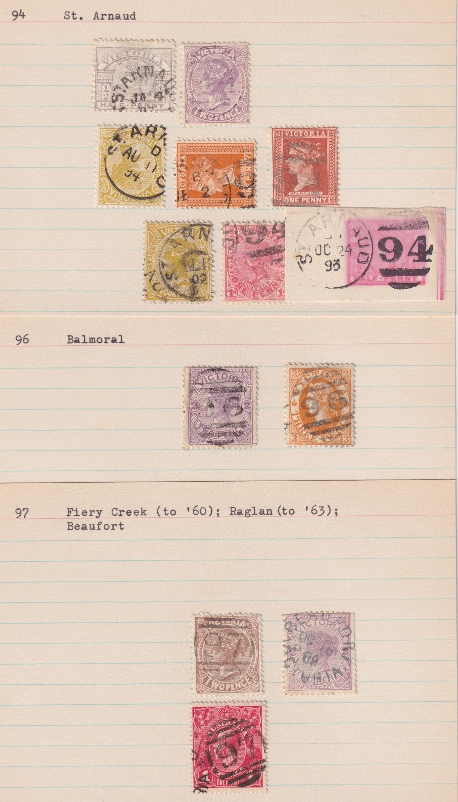 AUSTRALIA VICTORIA ST ARNAUD BALMORAL BEAUFORT POSTMARK CANCELS  M045