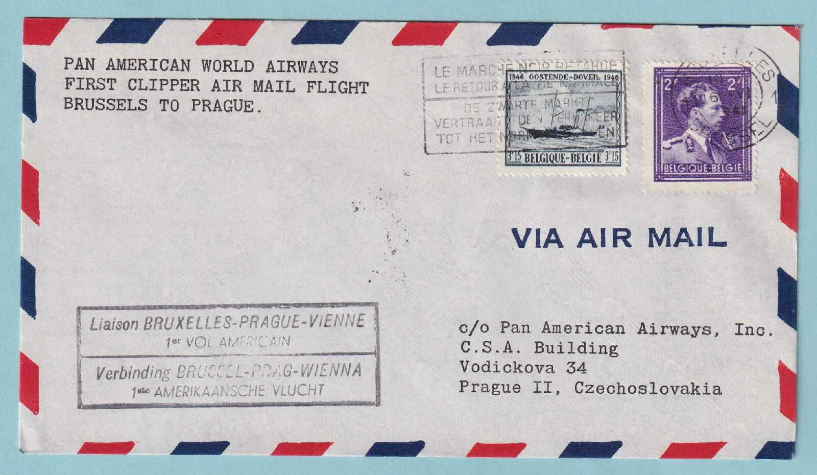 BELGIUM 1946 FIRST FLIGHT COVER BRUSSELS TO PRAGUE CZECHOSLOVAKIA - CV368