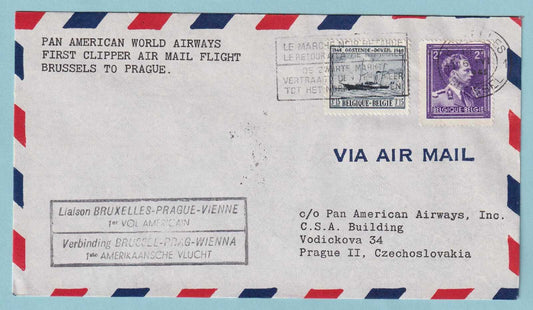 BELGIUM 1946 FIRST FLIGHT COVER BRUSSELS TO PRAGUE CZECHOSLOVAKIA - CV368