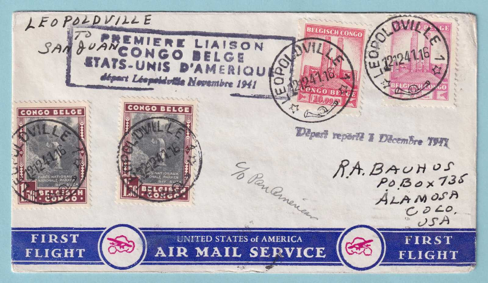 BELGIAN CONGO 1941 FIRST FLIGHT COVER LEOPOLDVILLE TO SAN JUAN P. R.  - CV316