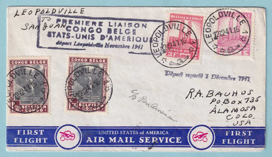 BELGIAN CONGO 1941 FIRST FLIGHT COVER LEOPOLDVILLE TO SAN JUAN P. R.  - CV316