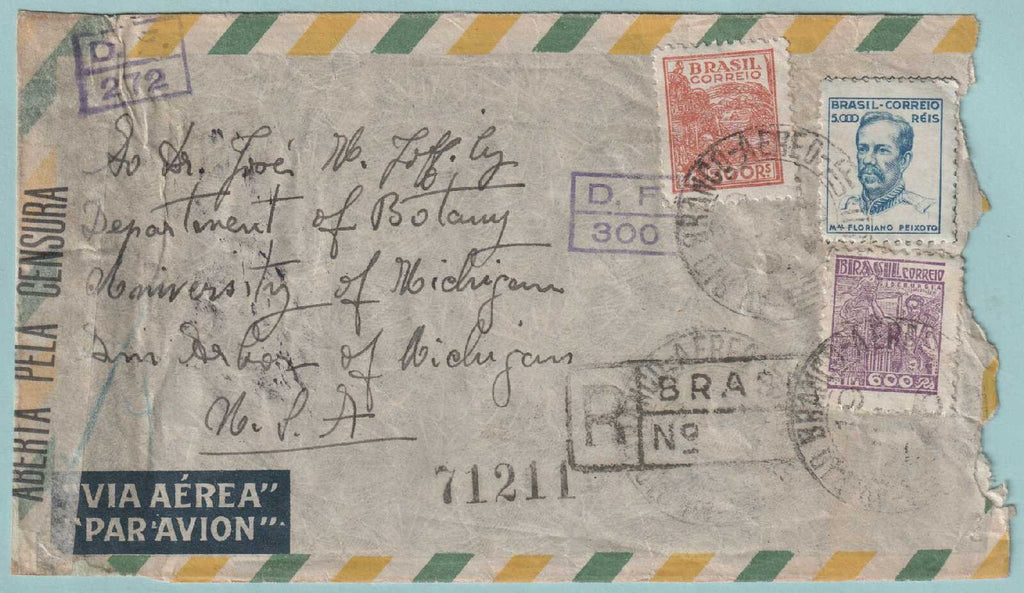 BRAZIL 1945 REGISTERED AND CENSORED COVER MAILED TO ANN ARBOR MICHIGAN - CV713