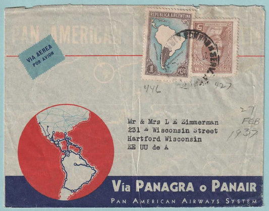 ARGENTINA 427 AND 446 - PAN AMERICAN AIRWAYS COVER TO HARTFORD WISCONSIN - CV645