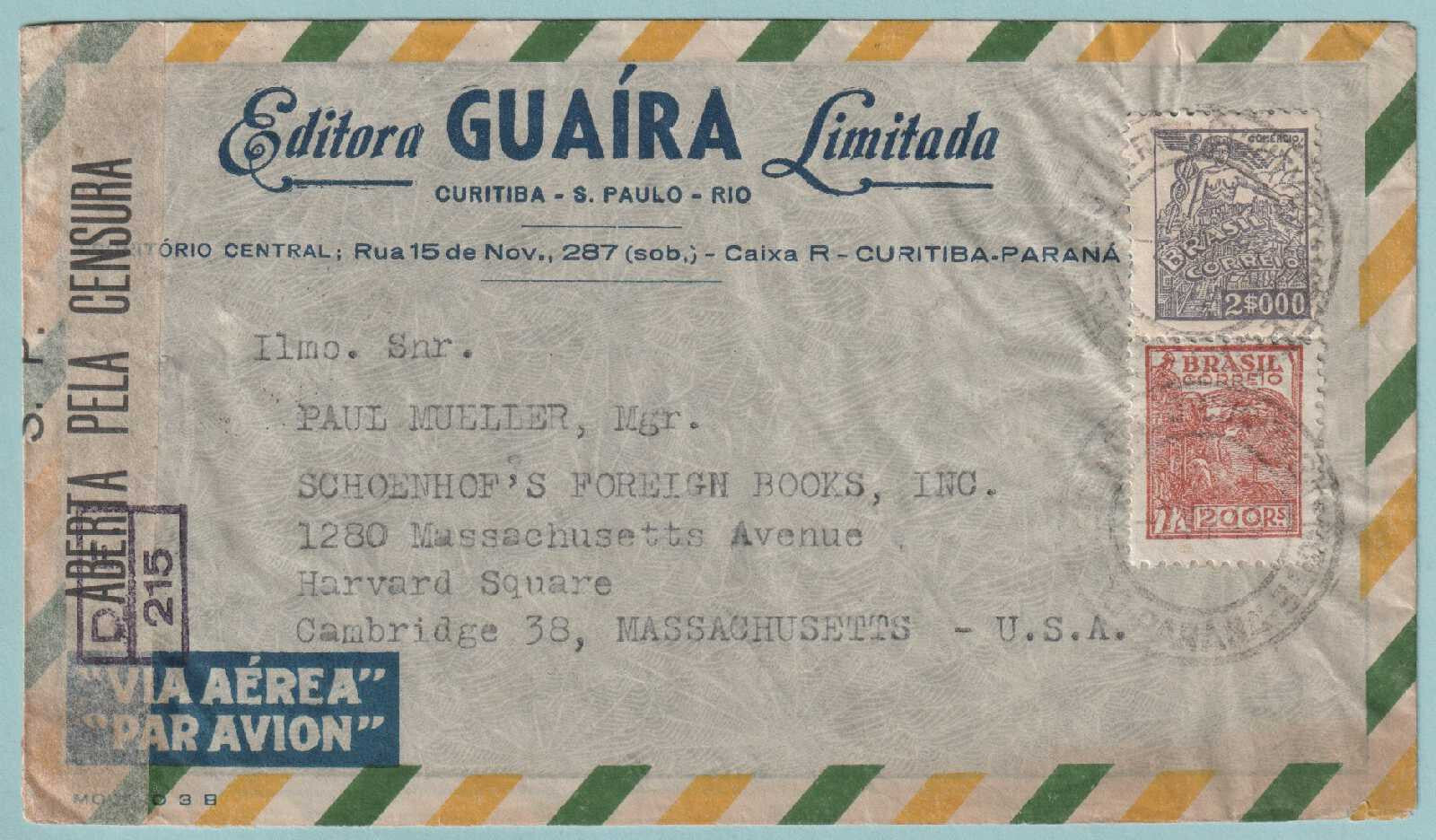 BRAZIL 1945 CENSORED COVER MAILED FROM RIO TO CAMBRIDGE MASS - CV701