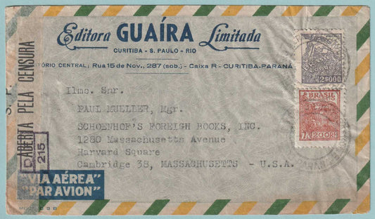 BRAZIL 1945 CENSORED COVER MAILED FROM RIO TO CAMBRIDGE MASS - CV701