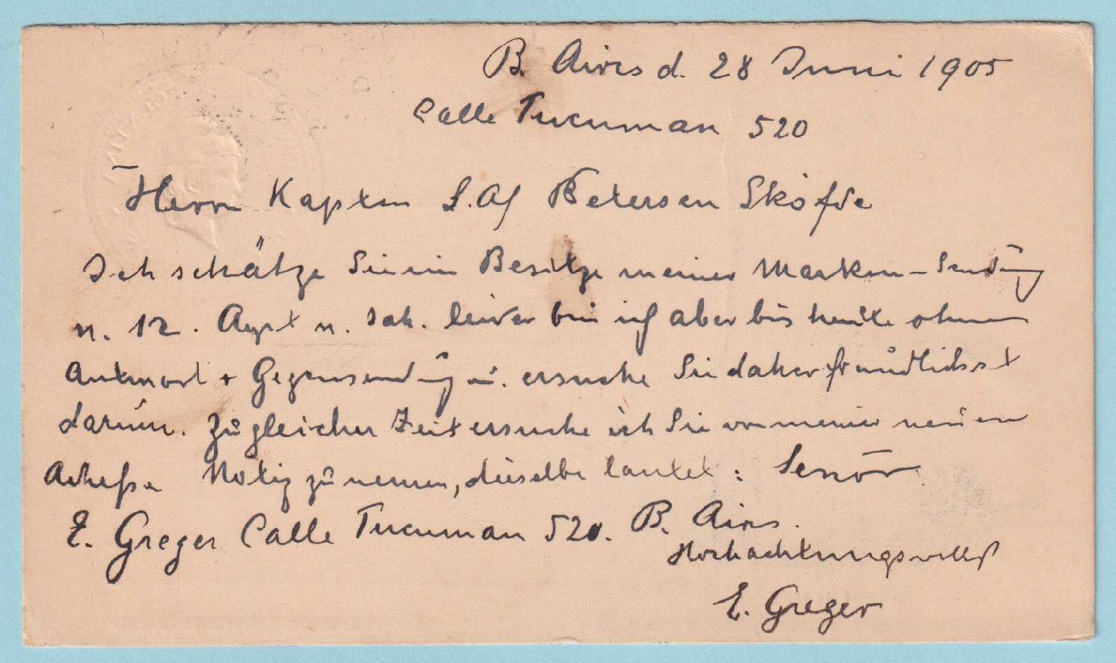 ARGENTINA POSTAL STATIONARY POSTCARD USED - MAILED 1905 TO SHÖFDE SWEDEN - CR414