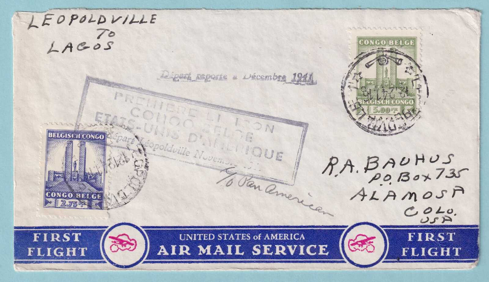 BELGIAN CONGO 1941 FIRST FLIGHT COVER LEOPOLDVILLE TO LAGOS NIGERIA - CV310