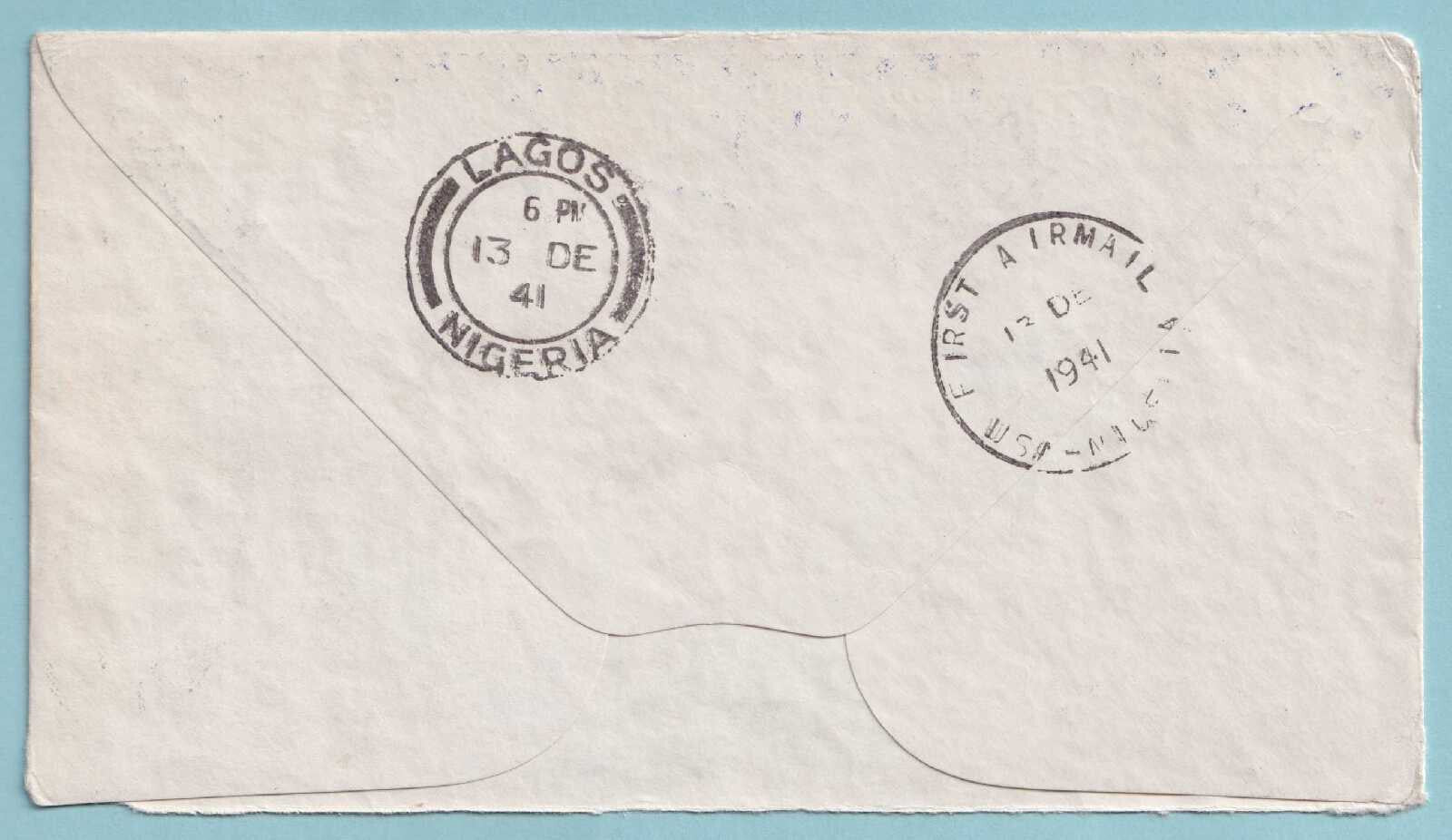 BELGIAN CONGO 1941 FIRST FLIGHT COVER LEOPOLDVILLE TO LAGOS NIGERIA - CV310