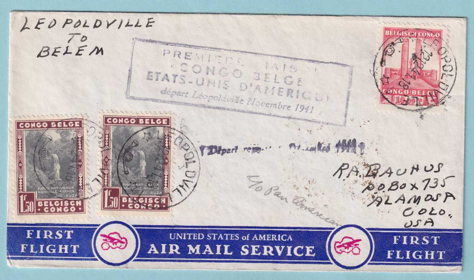 BELGIAN CONGO 1941 FIRST FLIGHT COVER FROM LEOPOLDVILLE TO BELEM BRAZIL - CV314