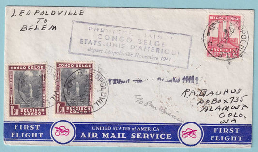 BELGIAN CONGO 1941 FIRST FLIGHT COVER FROM LEOPOLDVILLE TO BELEM BRAZIL - CV314