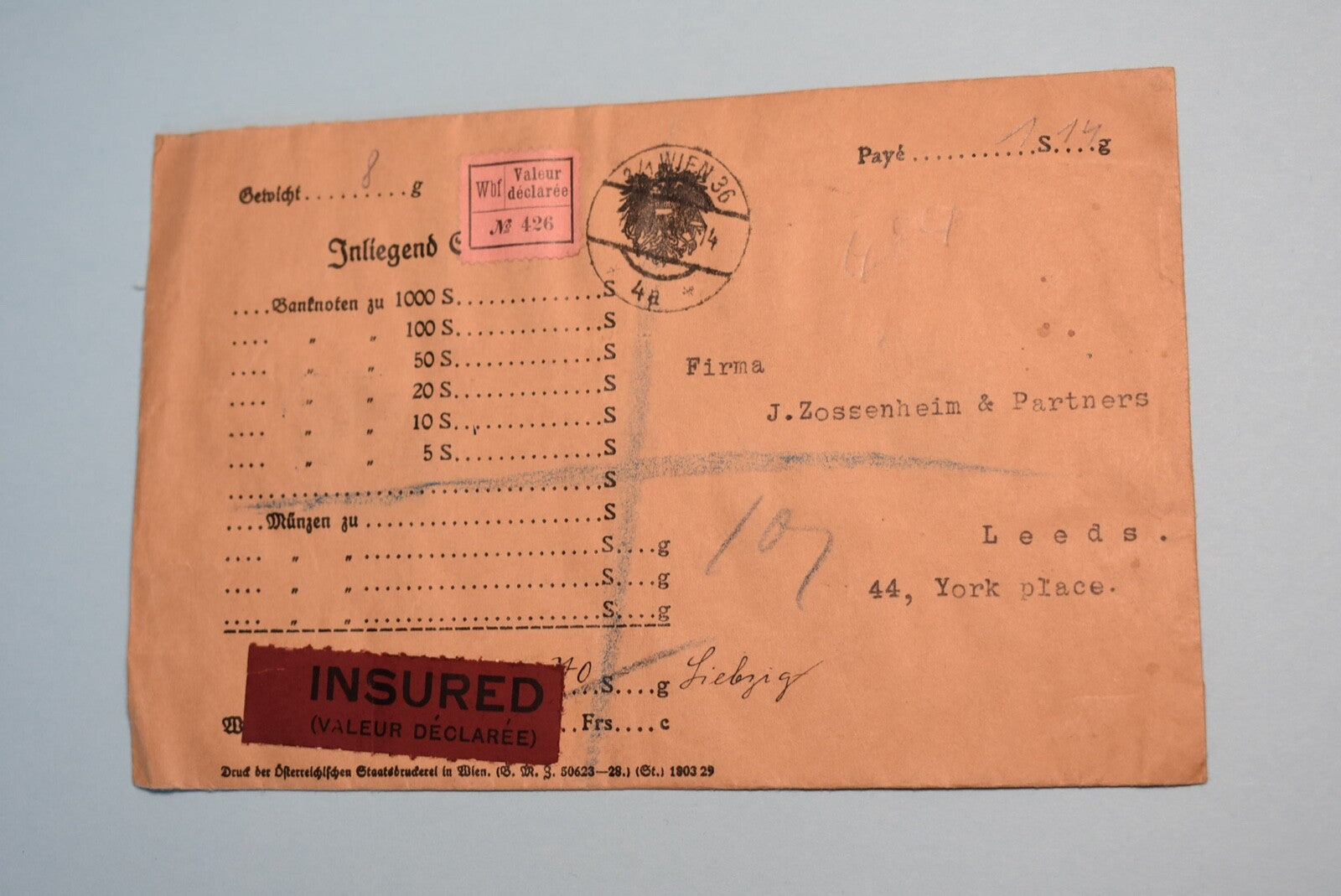 AUSTRIA TO LEEDS INSURED ENVELOPE 1914  VERY INTERESTING! E2