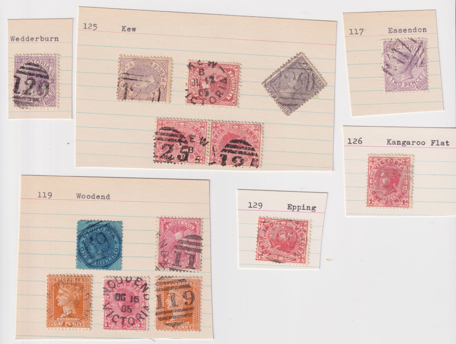 AUSTRALIA VICTORIA WEDDERBURN KEW ESSENDON WOODEND EPPING POSTMARKS CANCELS MO48
