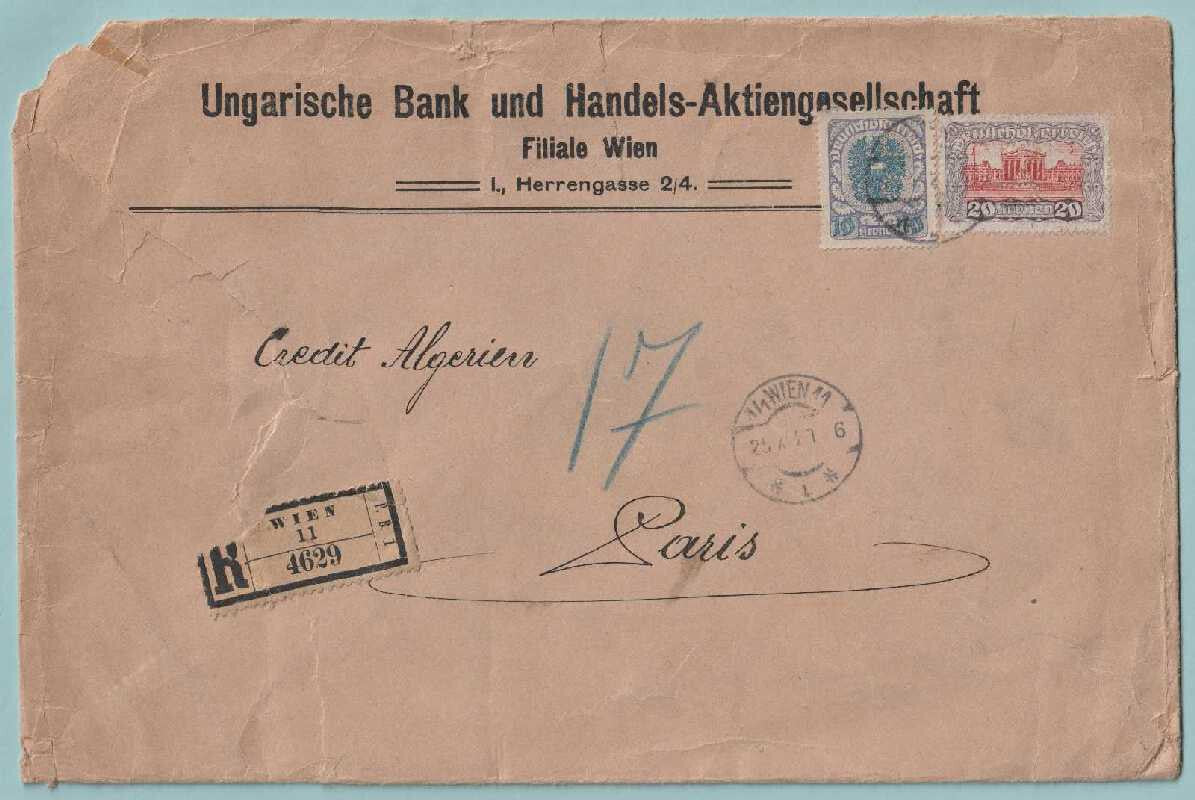 AUSTRIA 226 ON 1921 REGISTERED COVER MAILED FROM VIENNA TO PARIS - CV804