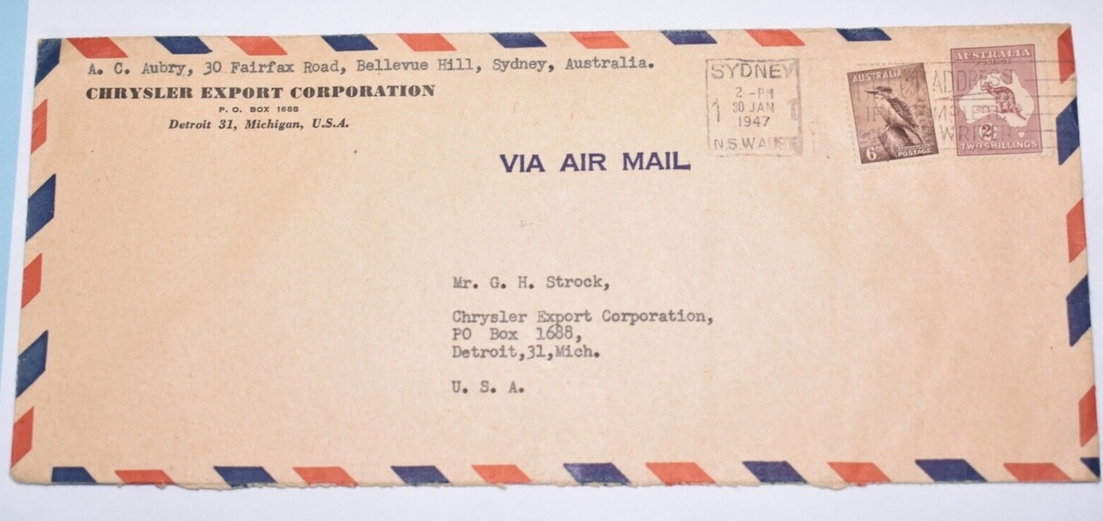 AUSTRALIA  1947 COMMERCIAL COVER CHRYSLER CORPORATION AIRMAIL TO DETROIT
